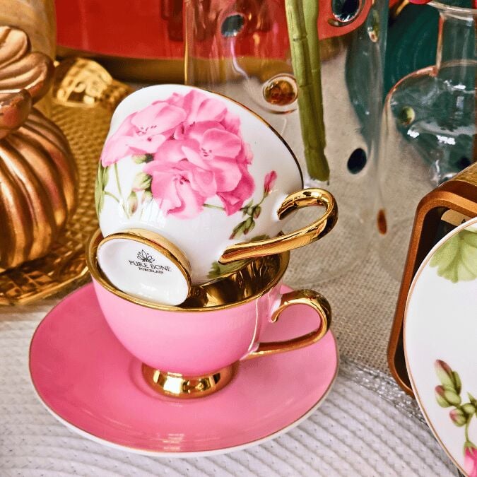 Smyrna Pembe Gold Çiçekli 6 Kişilik Porselen Kahve Fincan Takımı Harlem-725