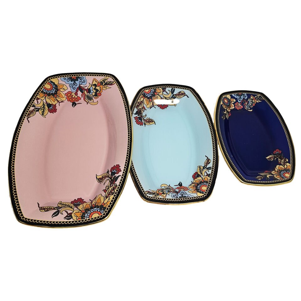 Glore Lorena Asorti Altın Yaldızlı Kayık Tabak Seti (Pembe-Turkuaz-Mavi)