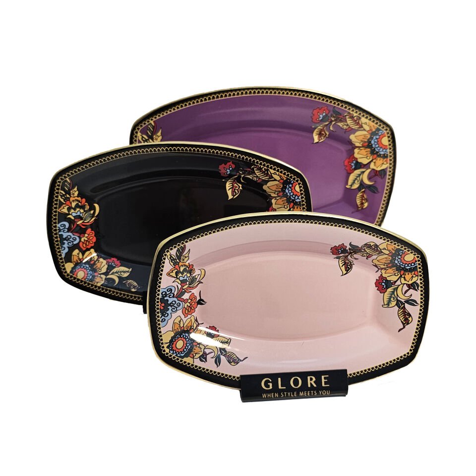 Glore Lorena Asorti Altın Yaldızlı Kayık Tabak Seti (Mor-Siyah-Pembe)