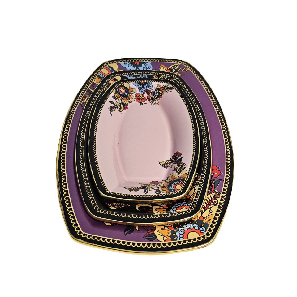 Glore Lorena Asorti Altın Yaldızlı Kayık Tabak Seti (Mor-Siyah-Pembe)