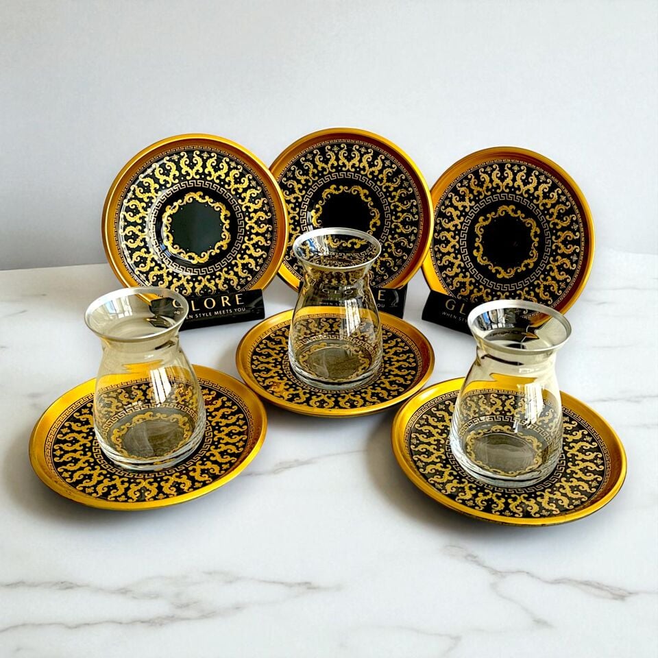 Sudedi Home Siyah ve Altın Sarısı Desenli Cam Çay Bardağı Seti 6'lı