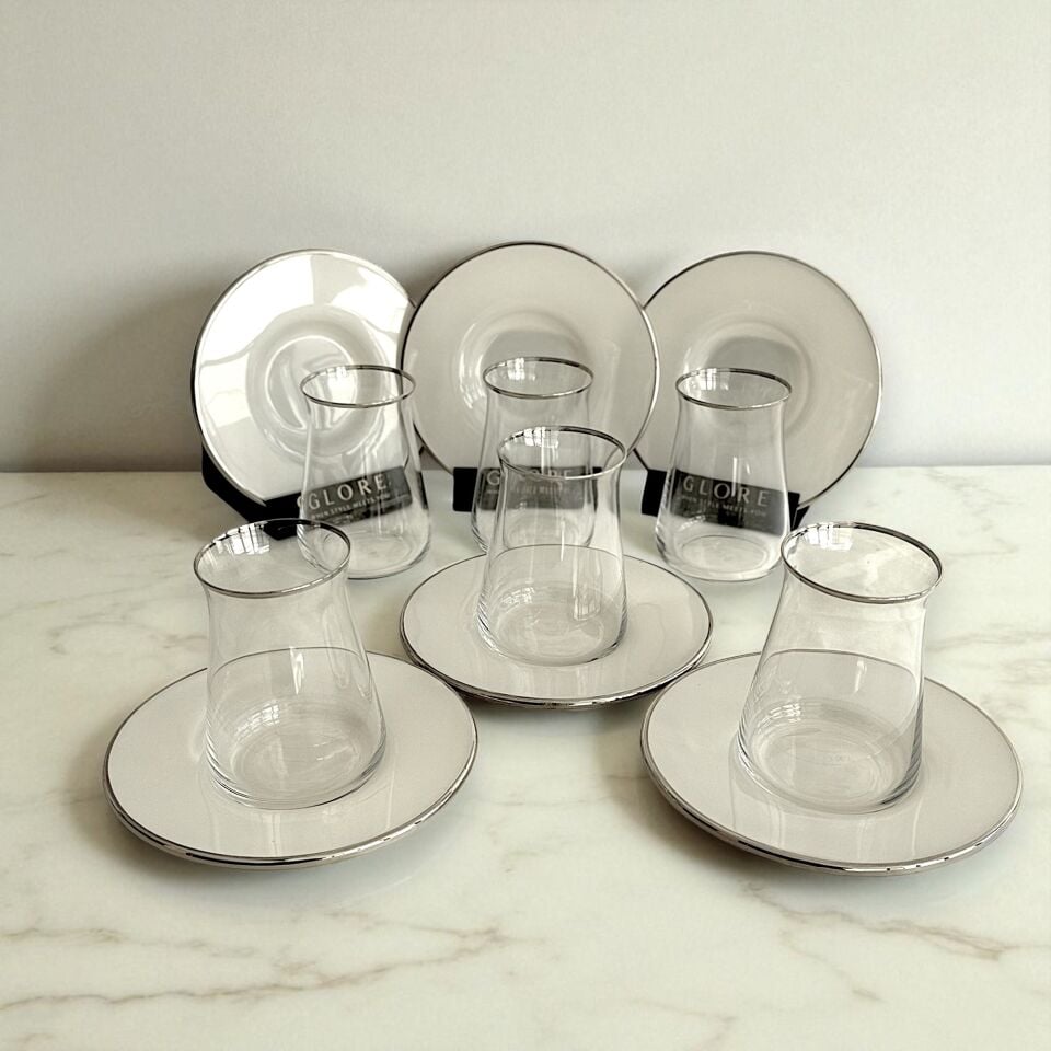 SUDEDİ HOME Beyaz ve Gümüş Detaylı Cam Çay Bardağı 6'lı Set