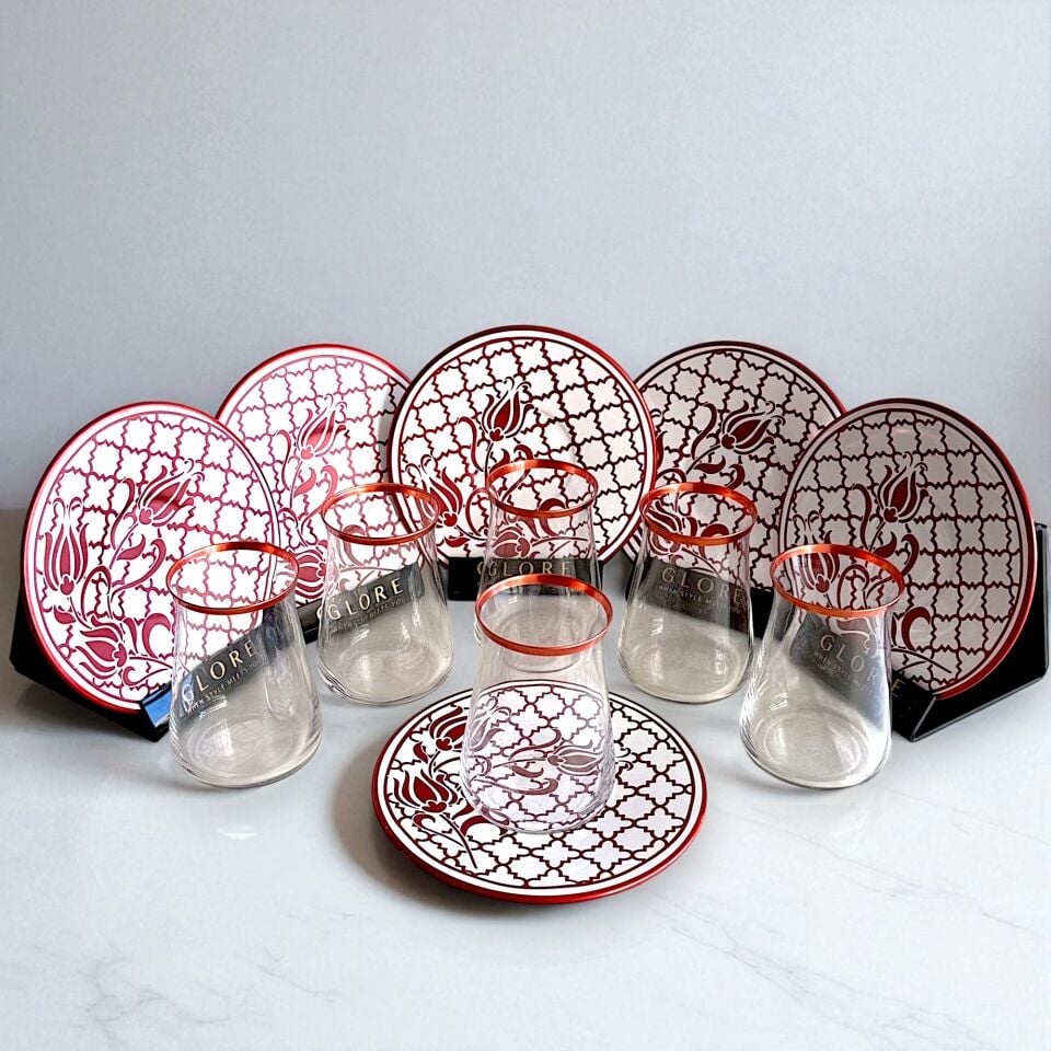 Sudedi Home Türk Lale Motifli 6'lı Kırmızı Tabaklı Çay Bardağı Takımı