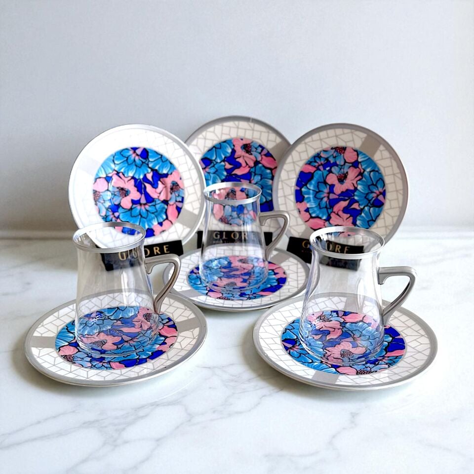 Pembe ve Mavi Çiçek Desenli 6'lı Porselen Tabaklı Çay Bardağı Takımı - Sudedi Home