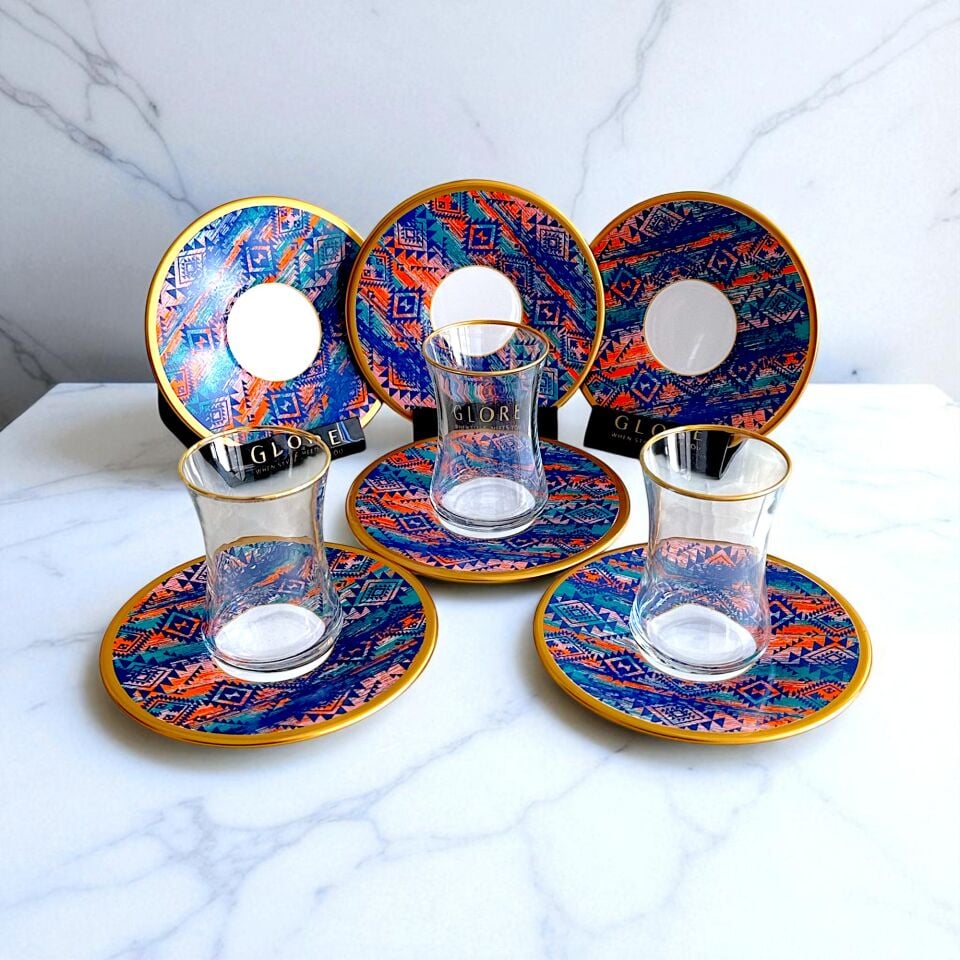 Etnik Desenli 6'lı Porselen Tabaklı Çay Bardağı Takımı - Sudedi Home