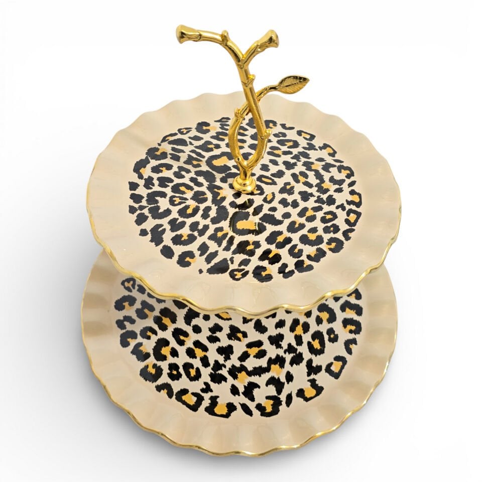 Sudedi Home İki Katlı Kurabiyelik – Gerçek Altın Yaldızlı Leopar Desenli Sunum Ürünü | Mutfak & Sunum