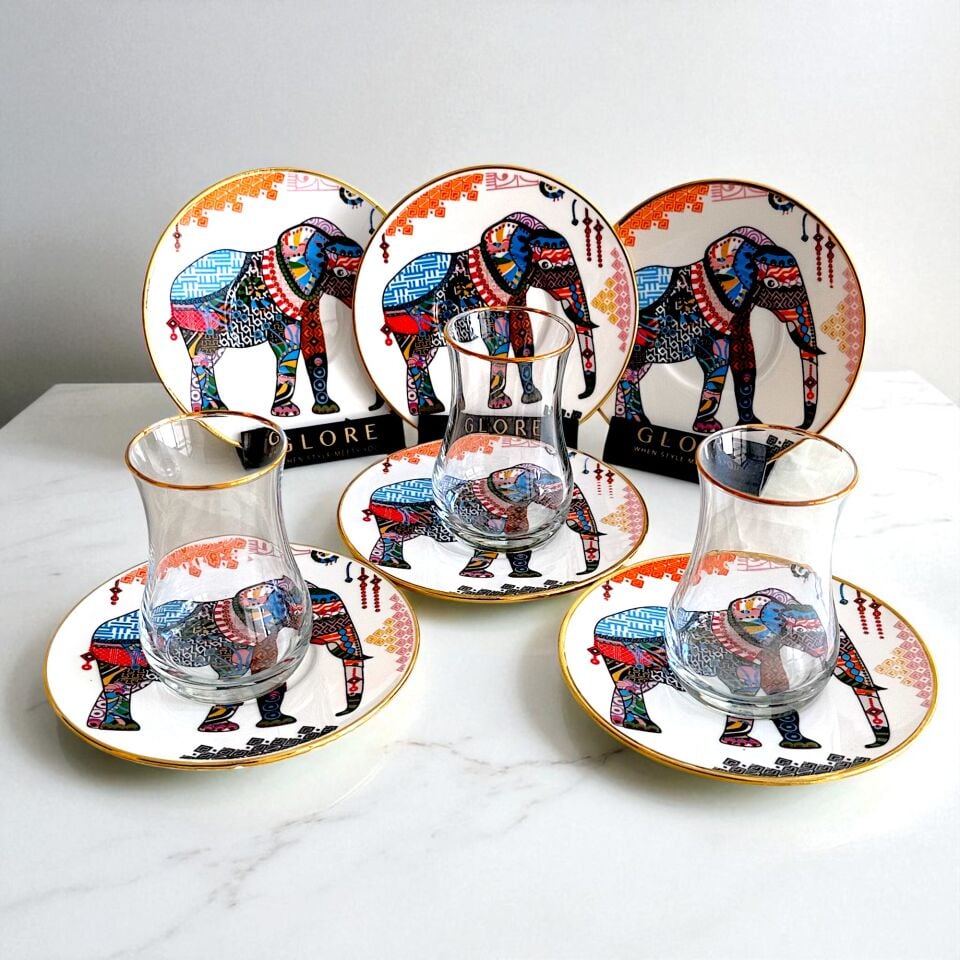 Etnik Fil Desenli 6'lı Porselen Tabaklı Çay Bardağı Takımı - Sudedi Home