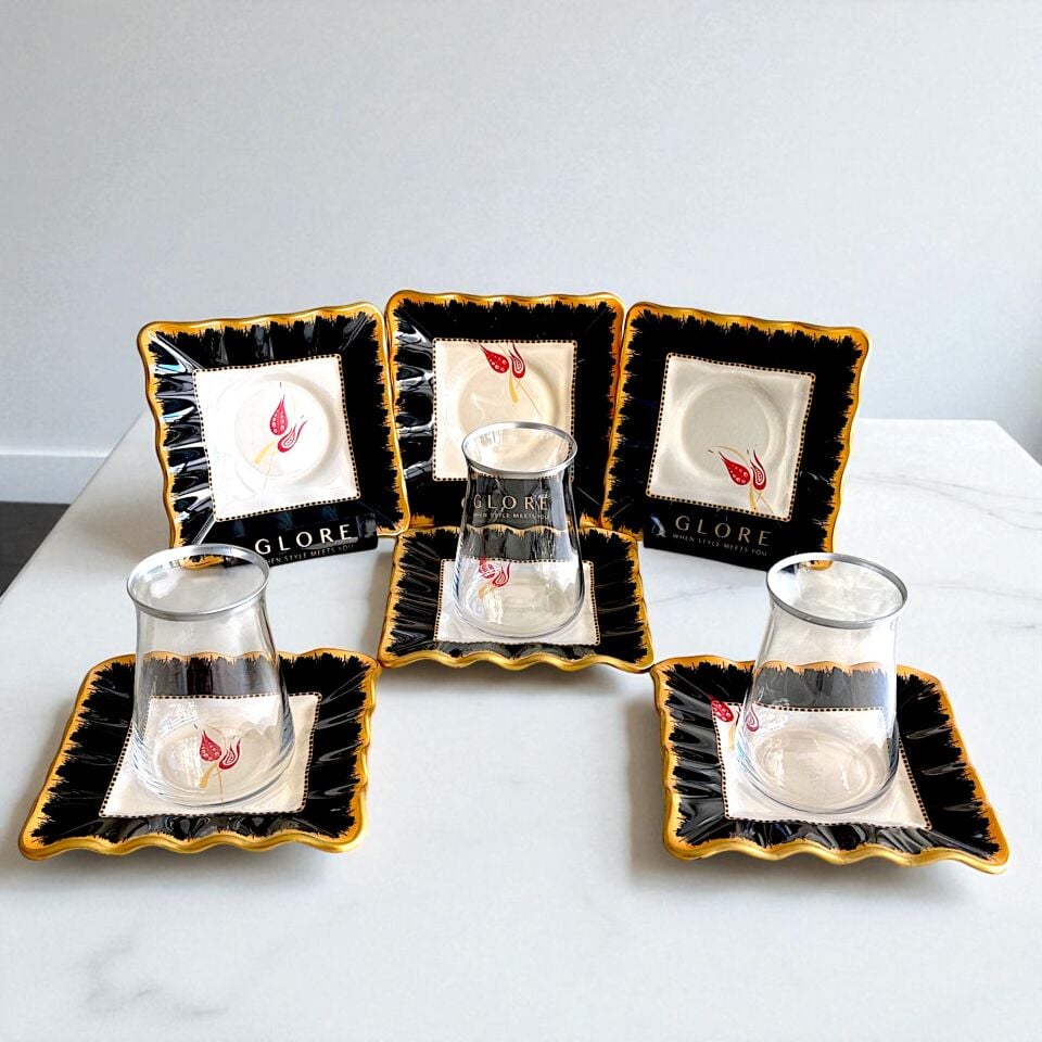 Lale Motifli Kare 6'lı Siyah-Beyaz Çay Bardağı Takımı - Sudedi Home