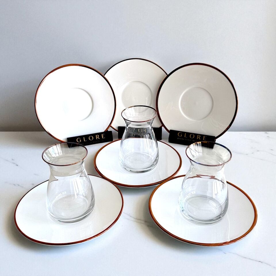 Sade 6'lı Beyaz Tabaklı ve Bakır Detaylı Çay Bardağı Takımı - Sudedi Home