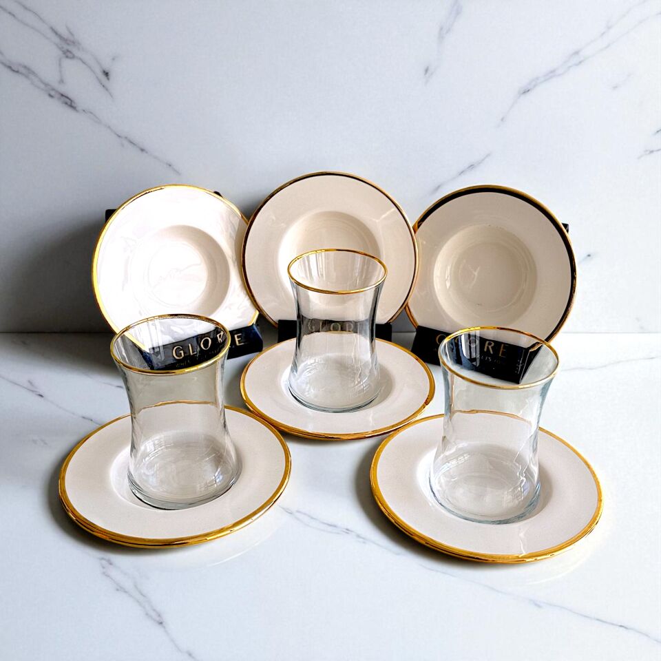 Sade 6'lı Beyaz Tabaklı ve Altın Detaylı Çay Bardağı Takımı - Sudedi Home