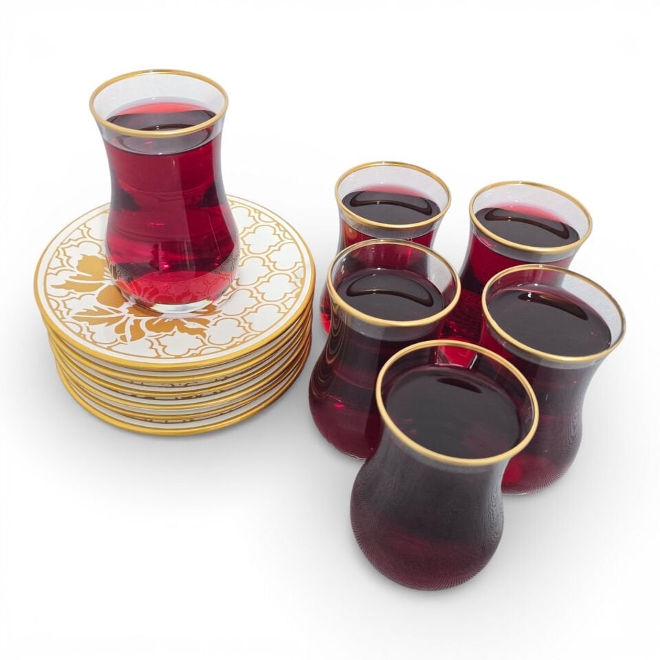 Sudedi Home Altın Yaldızlı Desenli Çay Bardağı Takımı 6 Kişilik Cam Çay Seti