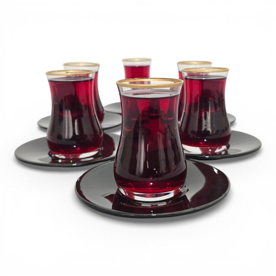 Sudedi Home Altın Yaldızlı Çay Bardağı Seti – Siyah Tabaklı 6’lı Cam Çay Takımı