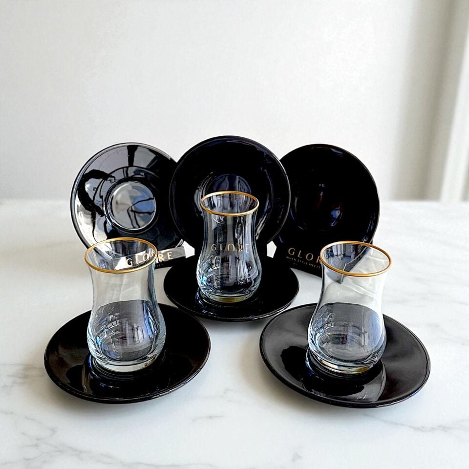Sudedi Home Siyah ve Altın Detaylı 6 Kişilik Çay Seti | Modern Koleksiyon