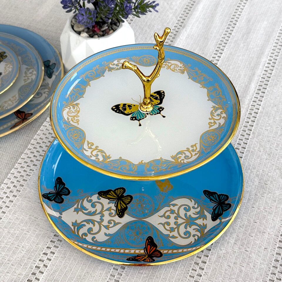 Glore Butterfly Effect Altın Yaldızlı Cam Kurabiyelik (Mavi)