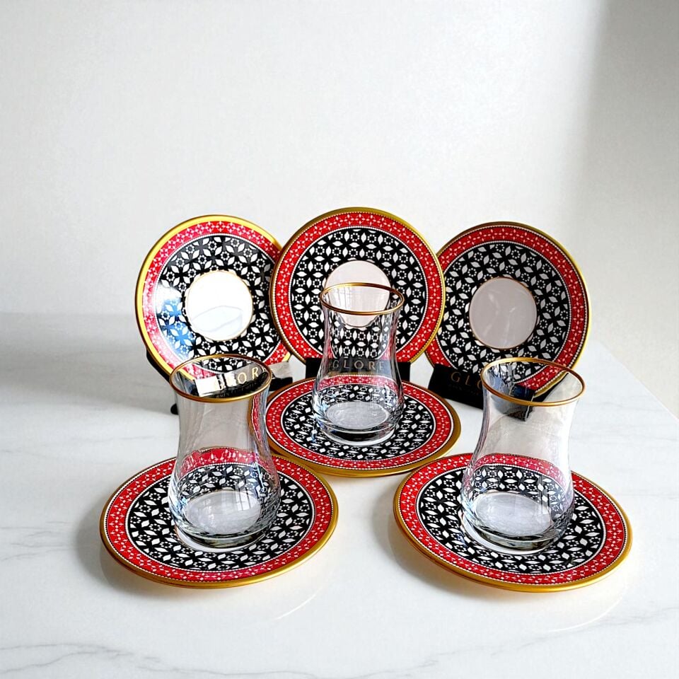 Sudedi Home Kırmızı Siyah Geometrik Desenli 6 Kişilik Çay Seti