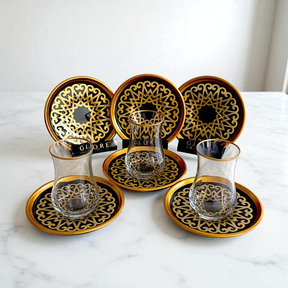 Sudedi Home Lüks Siyah ve Altın Renk 6 Kişilik Çay Seti