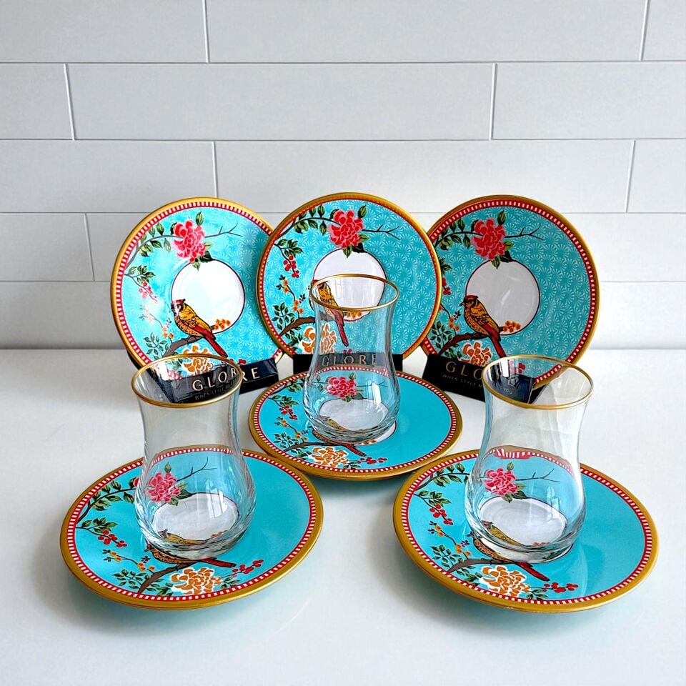 Sudedi Home Kuşlu Çiçekli 6 Kişilik Çay Bardağı Seti