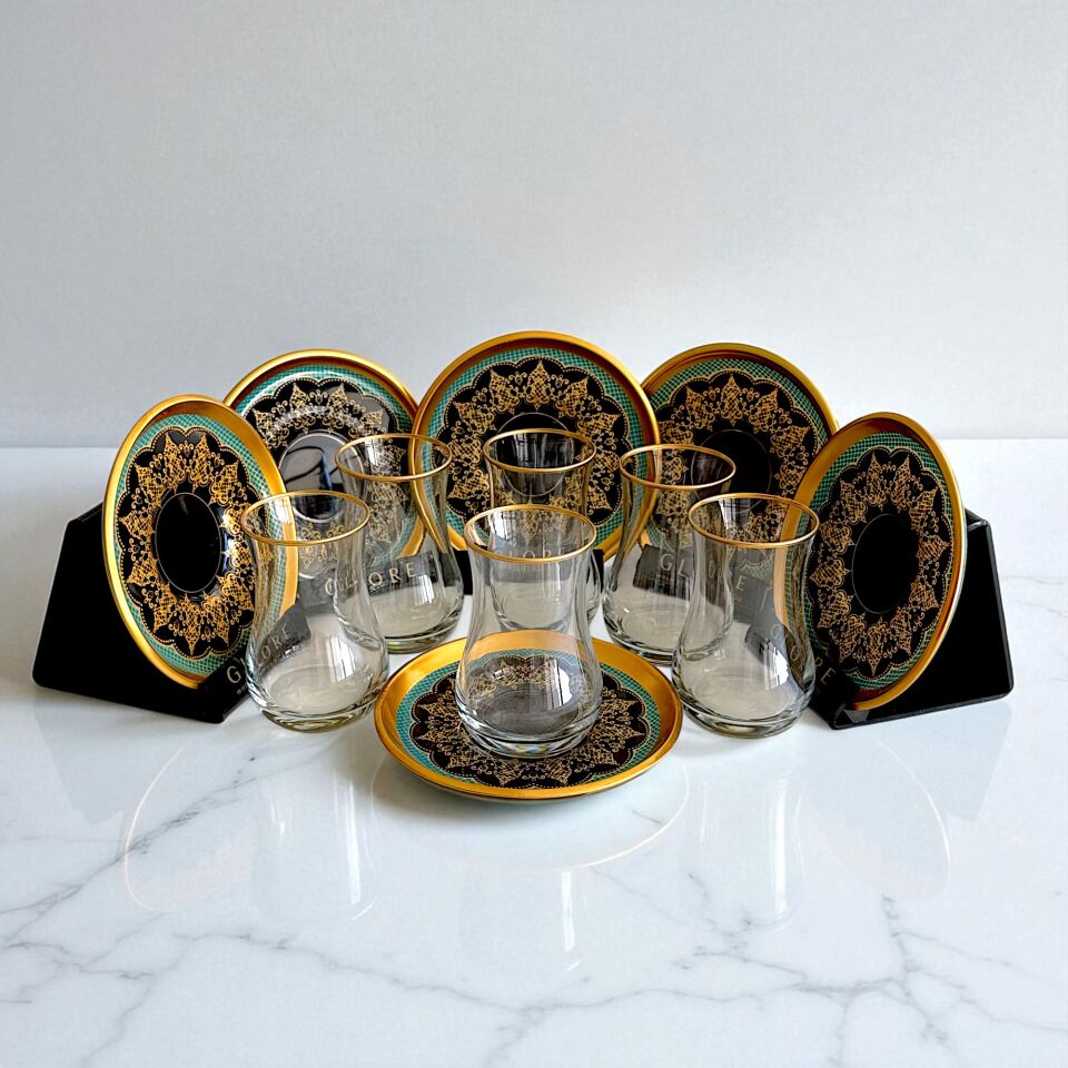 Sudedi Home Siyah ve Turkuaz Desenli 6 Kişilik Çay Seti