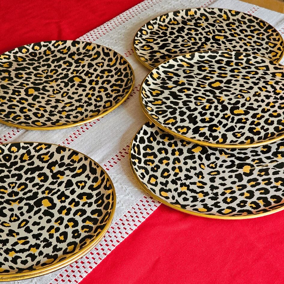 Glore Leopar Somon Altın Yaldızlı Cam Servis Tabağı Takımı