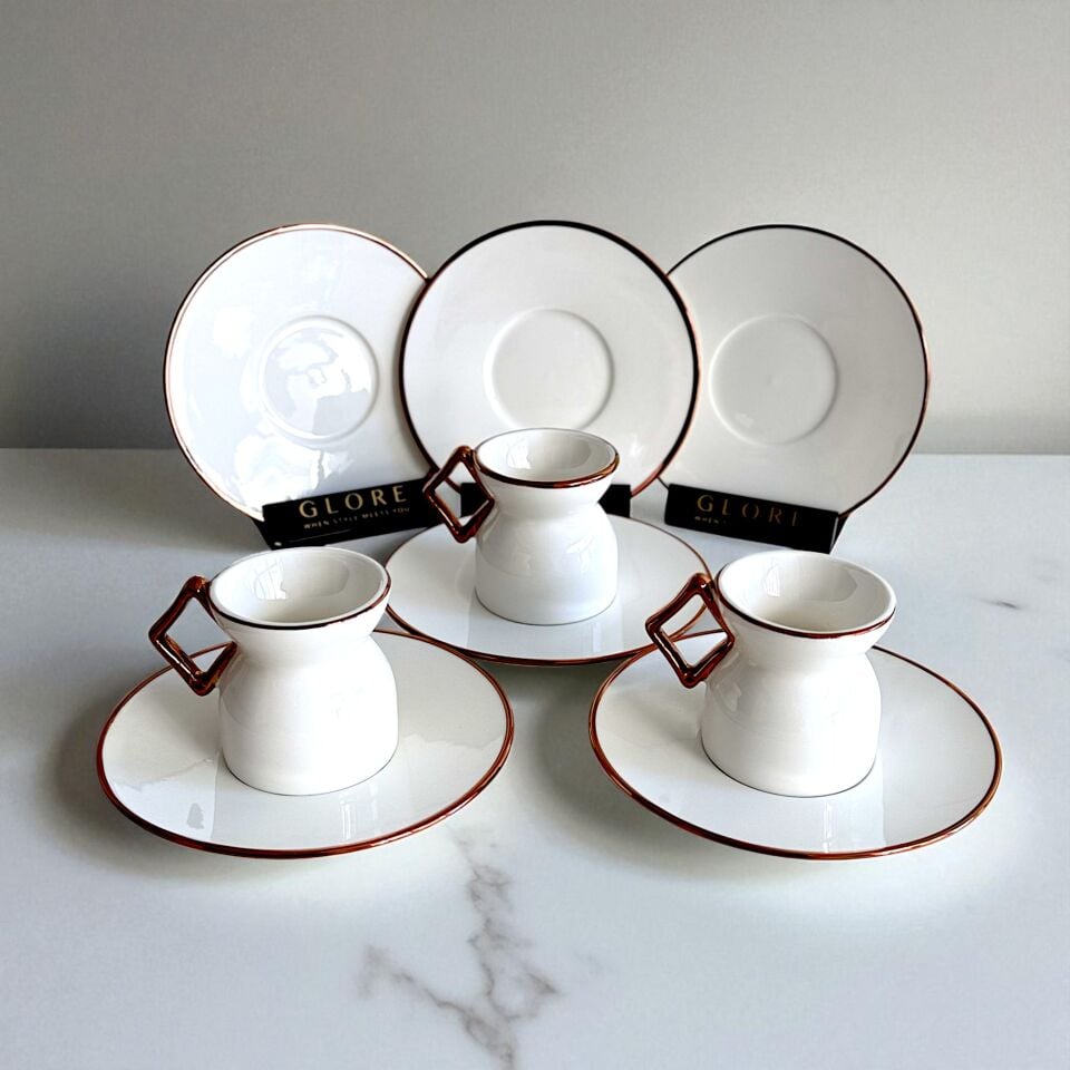 Lüks Geometrik Kulplu Kahve Fincan Seti - Rose Gold Detaylı 6'lı