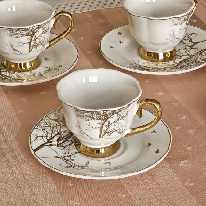 Sembol Ağaç Dalı Desenli Porselen Fincan Takımı Pure Bone-124