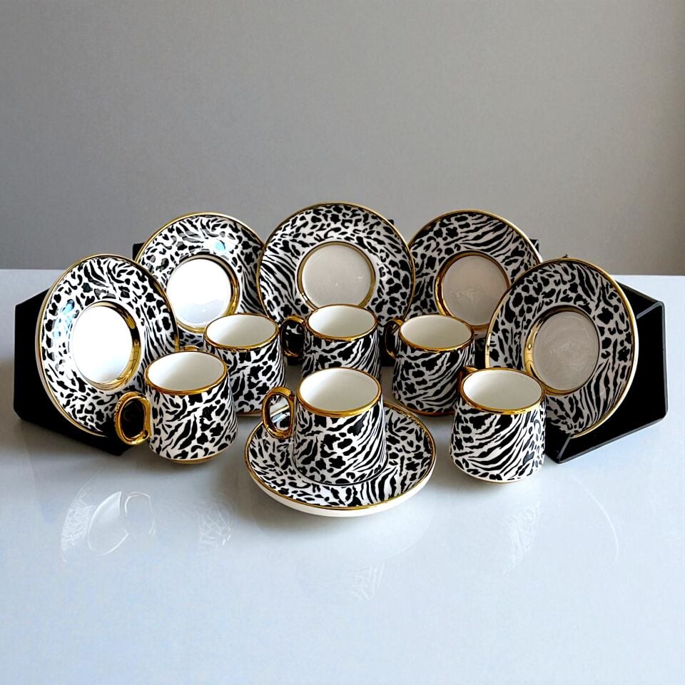 Sudedi Home Della 6 Kişilik Leopar & Zebra Desenli Porselen Türk Kahvesi Fincan Takımı - Siyah Beyaz ve Altın Detaylı