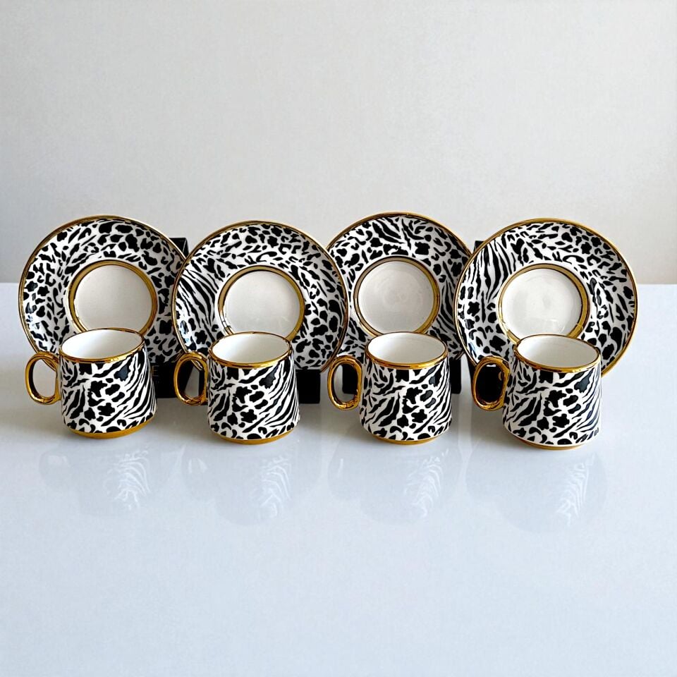 Sudedi Home Della 4 Kişilik Leopar & Zebra Desenli Porselen Türk Kahvesi Fincan Takımı