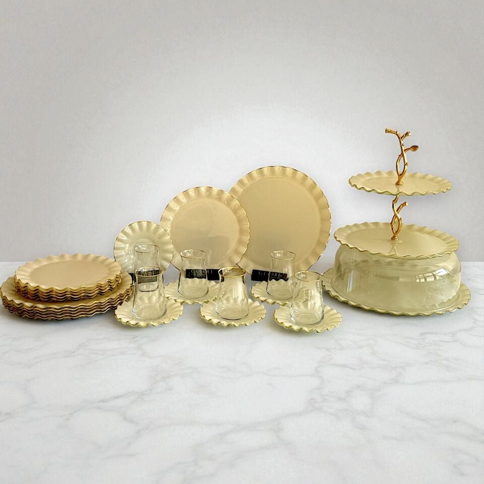 Glore Solid Krem Wavy Altın Yaldızlı 6 Kişilik 34 Parça Pasta Servis Takımı