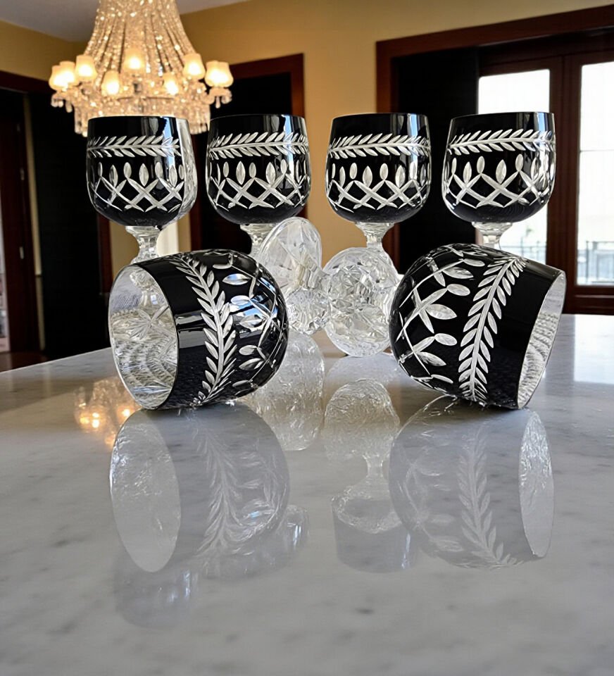 Bohemia Hybrid Çift Desenli Siyah Beyaz Bardak Kadeh Takımı