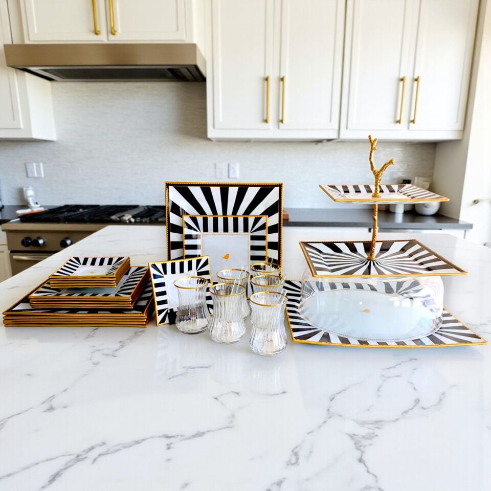 Sudedi Home İvon Black Kare Opal 34 Parça Çay Pasta İkram Takımı