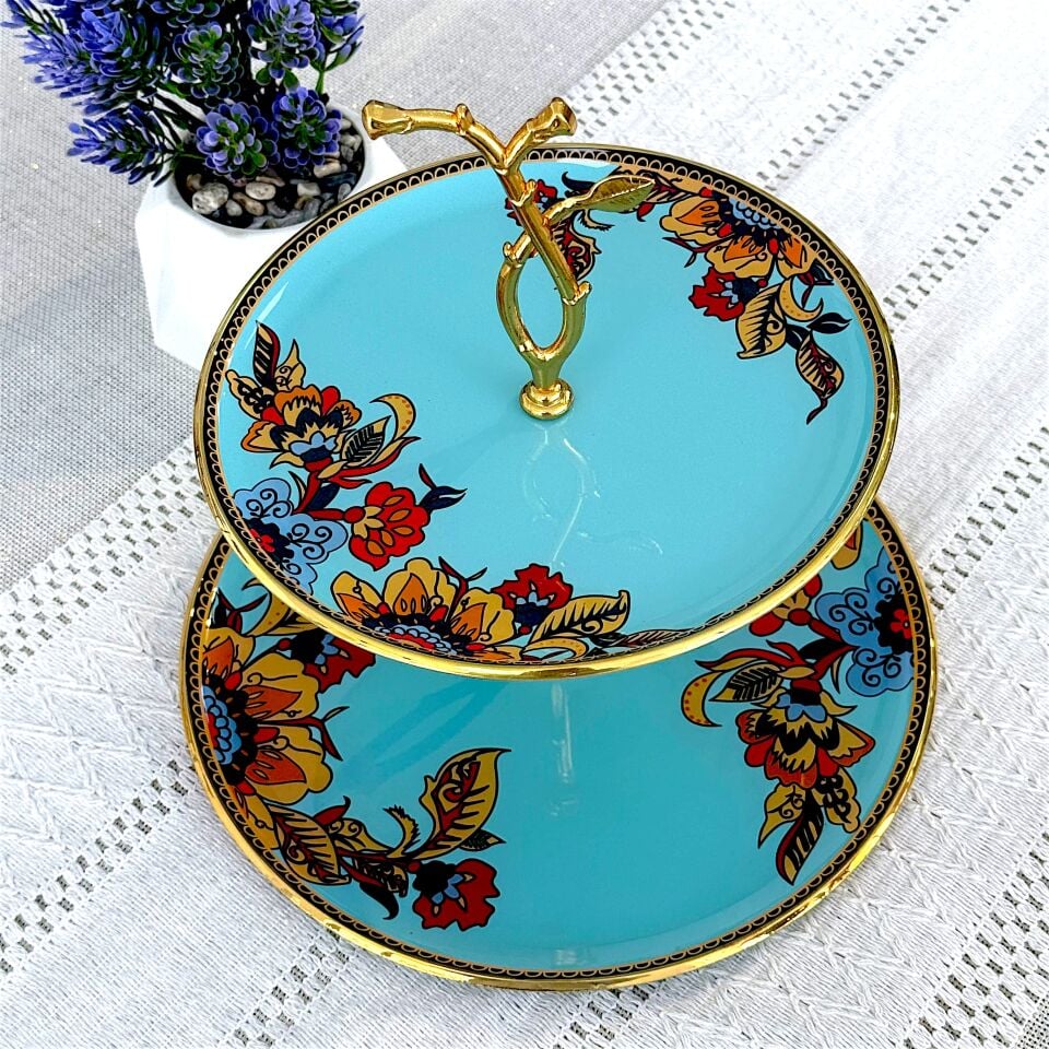 Sudedi Home Gerçek Altın Yaldızlı 2 Katlı Cam Kurabiyelik – Turkuaz