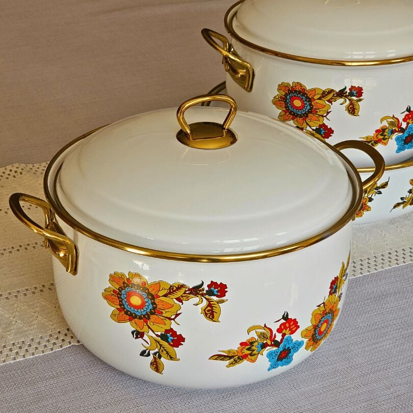 Glore Lorena Beyaz 6 Parça Büyük Emaye Tencere Takımı 28cm - 26cm - 24cm