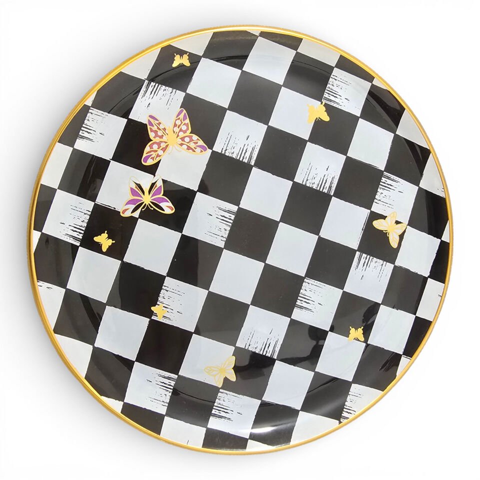 Sudedi Home Gerçek Altın Yaldızlı Cam Pasta Tabağı 21 cm Siyah Beyaz Dama Desenli 2 Kişilik Set