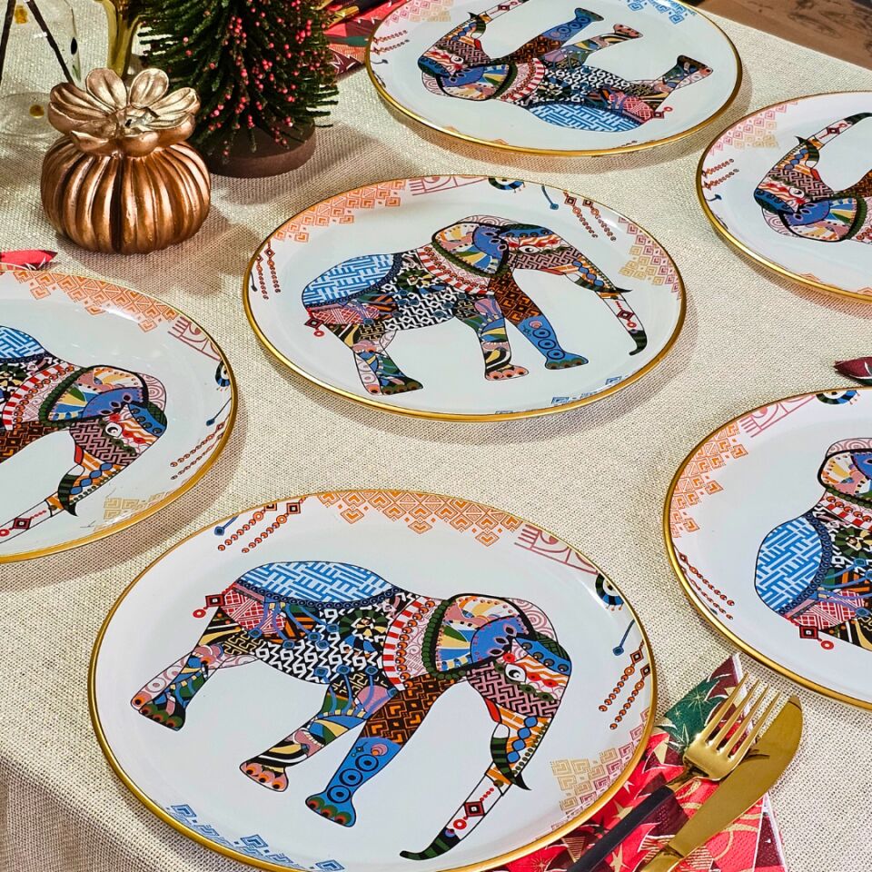 Glore Elephant Altın Yaldızlı Cam Pasta Tabağı Takımı