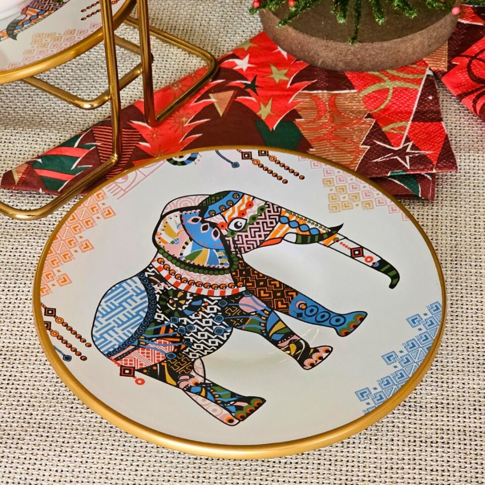 Glore Elephant Altın Yaldızlı Cam Pasta Tabağı Takımı