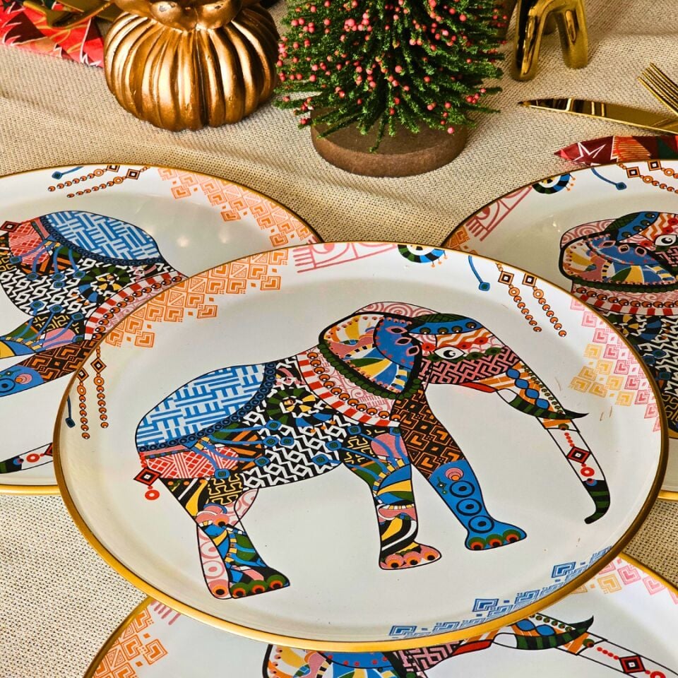 Glore Elephant Altın Yaldızlı Cam Pasta Tabağı Takımı