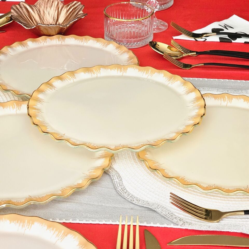 Glore Latte Altın Yaldızlı Cam Pasta Tabağı Seti