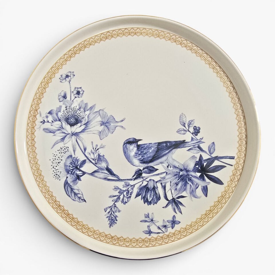 Sudedi Home Gerçek Altın Yaldızlı Mavi Kuş Desenli Seramik Servis Tabağı 26 Cm Tek Kişilik
