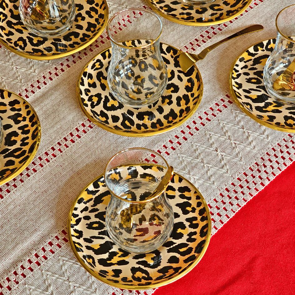 Glore Leopar Somon Altın Yaldızlı Çay Bardağı Seti