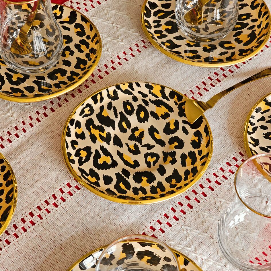 Glore Leopar Somon Altın Yaldızlı Çay Bardağı Seti