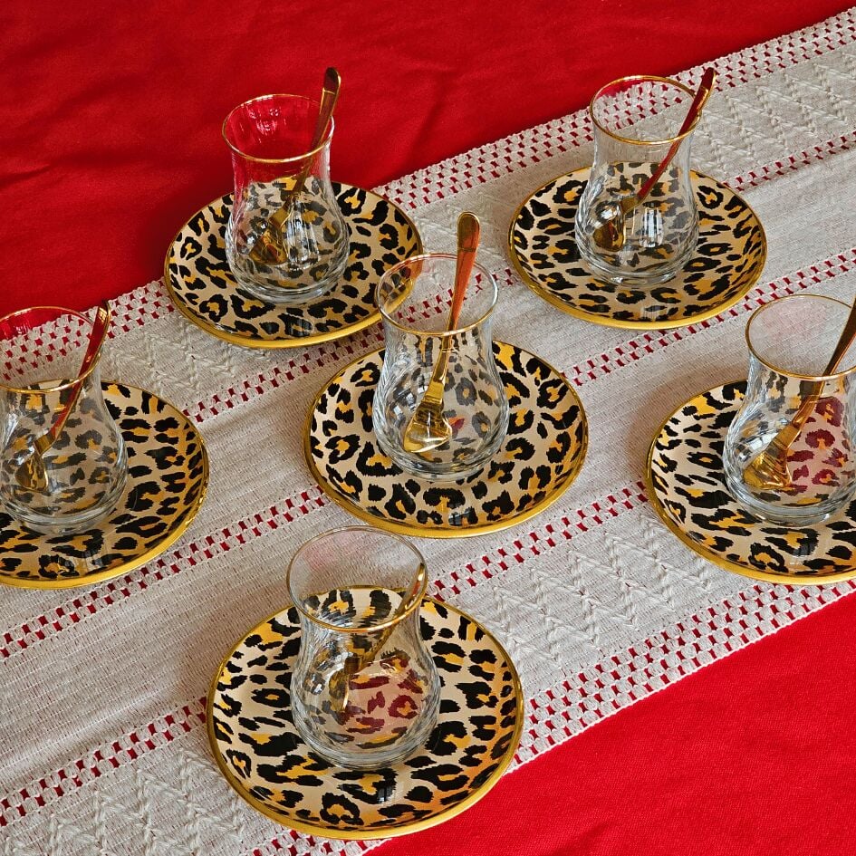 Glore Leopar Somon Altın Yaldızlı Çay Bardağı Seti