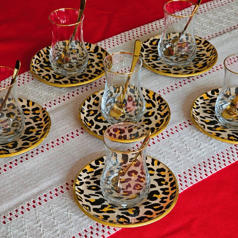 Glore Leopar Somon Altın Yaldızlı Çay Bardağı Seti
