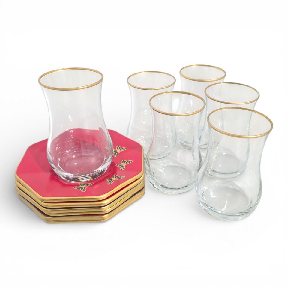 Sudedi Home 6 Kişilik Çay Bardağı Ve Kırmızı Altıgen Çay Tabağı Seti