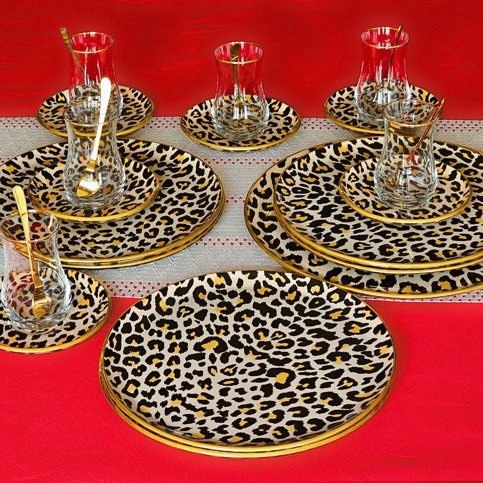 Glore Leopar Somon Altın Yaldızlı Cam 19 Parça Çay İkram Takımı