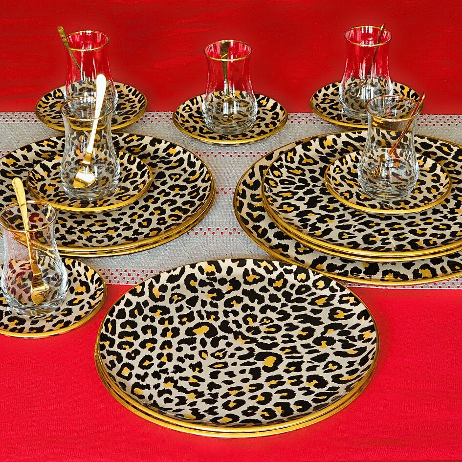 Glore Leopar Somon Altın Yaldızlı Cam 19 Parça Çay İkram Takımı