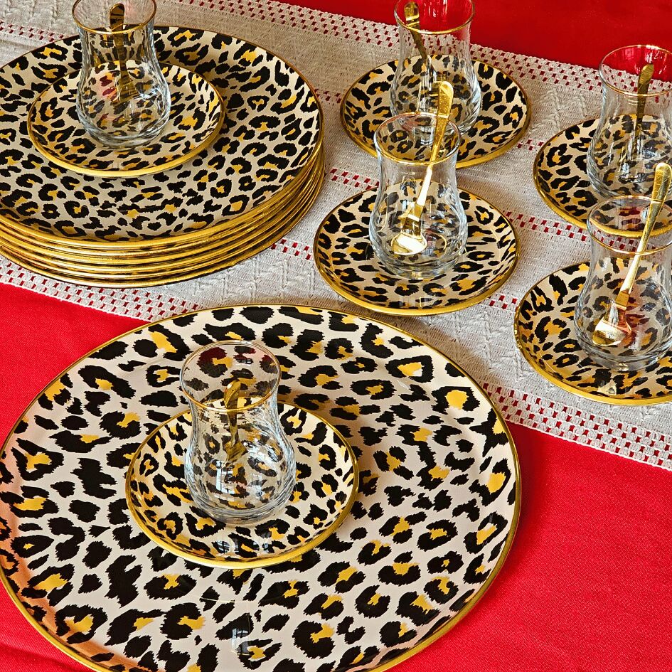 Glore Leopar Somon Altın Yaldızlı Cam 19 Parça Çay İkram Takımı