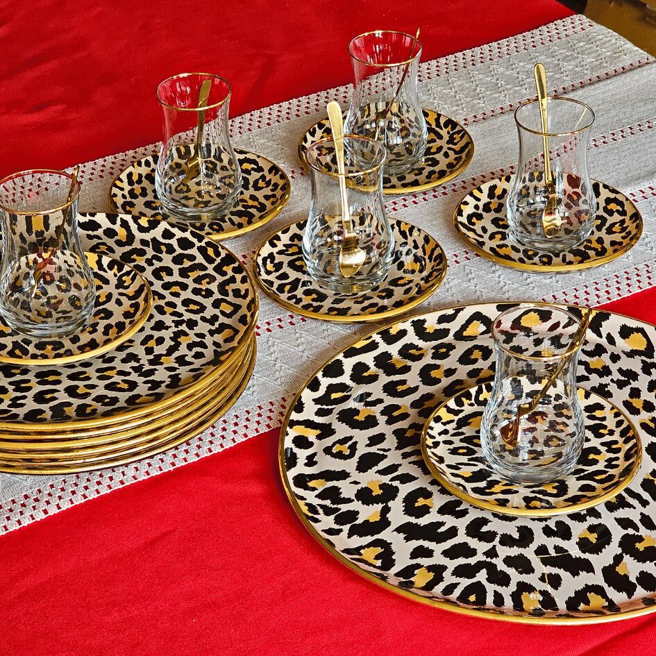Glore Leopar Somon Altın Yaldızlı Cam 19 Parça Çay İkram Takımı