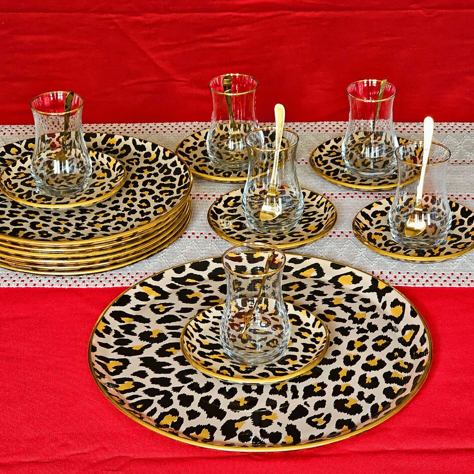 Glore Leopar Somon Altın Yaldızlı Cam 19 Parça Çay İkram Takımı