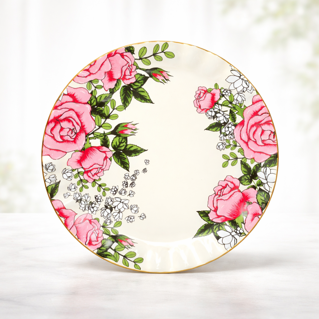 Gerçek Altın Yaldızlı Gül Desenli 26 Cm Servis Tabağı Tekli Şık Sunum Pasta Tatlı Tabak 1 Adet Sudedi Home