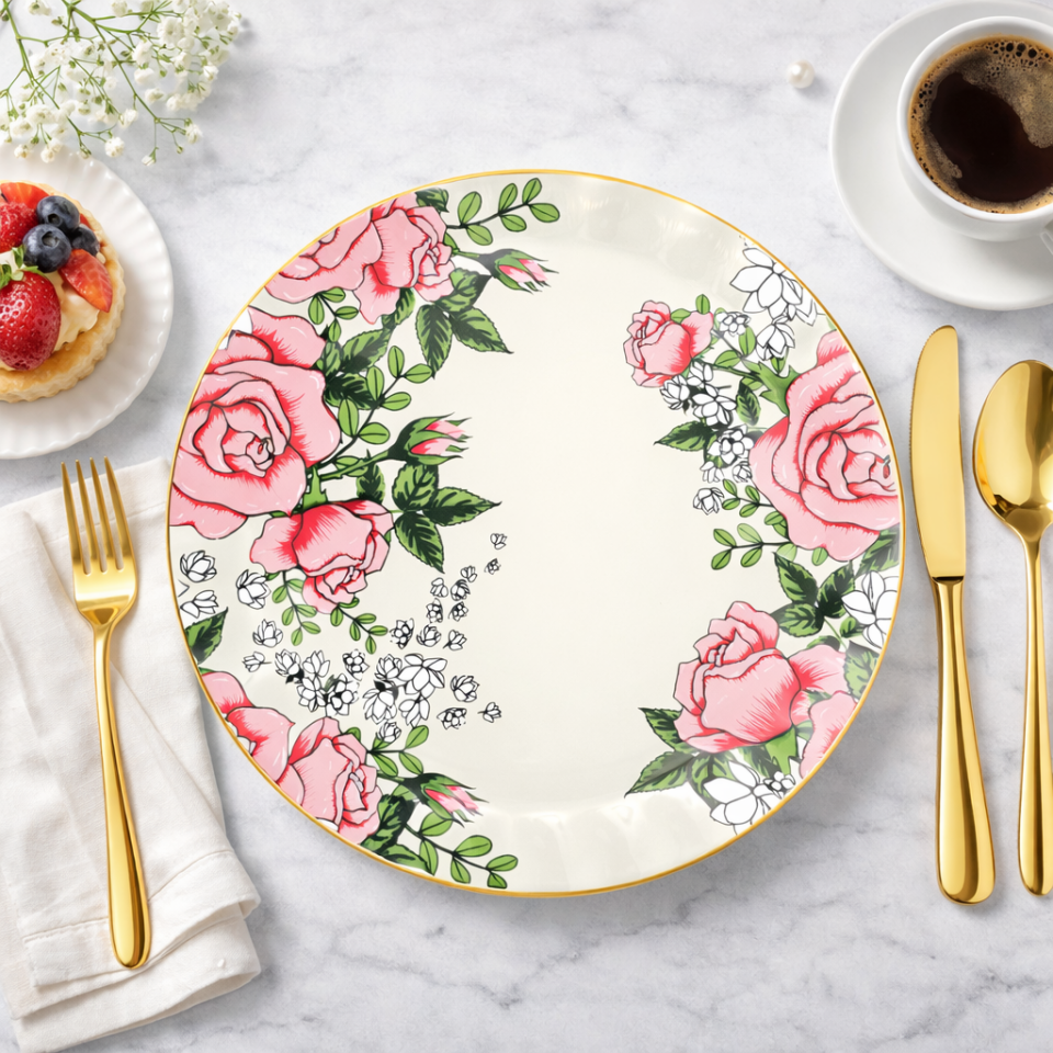 Gerçek Altın Yaldızlı Gül Desenli 26 Cm Servis Tabağı Tekli Şık Sunum Pasta Tatlı Tabak 1 Adet Sudedi Home